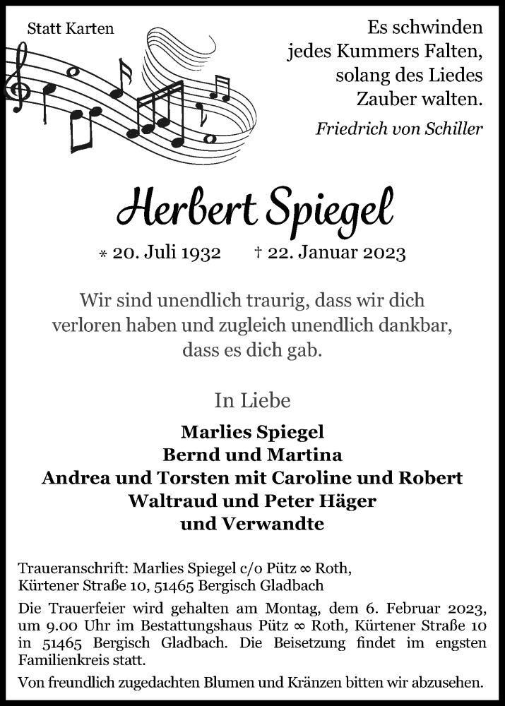 Traueranzeige für Herbert Spiegel vom 28.01.2023 aus Kölner Stadt-Anzeiger / Kölnische Rundschau / Express