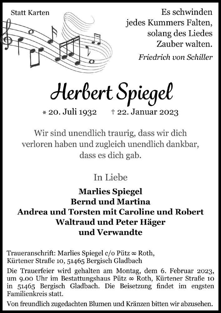  Traueranzeige für Herbert Spiegel vom 27.01.2023 aus  Bergisches Handelsblatt 
