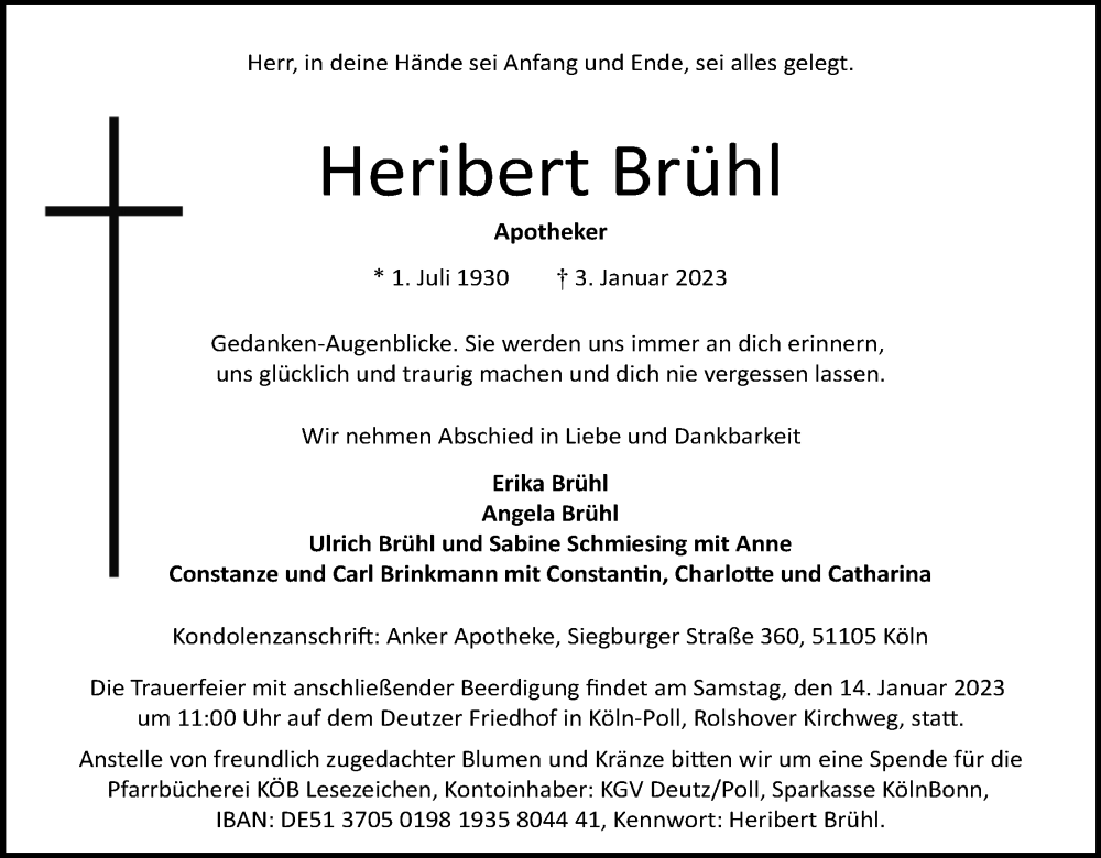  Traueranzeige für Heribert Brühl vom 07.01.2023 aus Kölner Stadt-Anzeiger / Kölnische Rundschau / Express