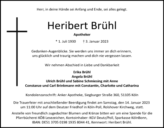 Anzeige von Heribert Brühl von Kölner Stadt-Anzeiger / Kölnische Rundschau / Express