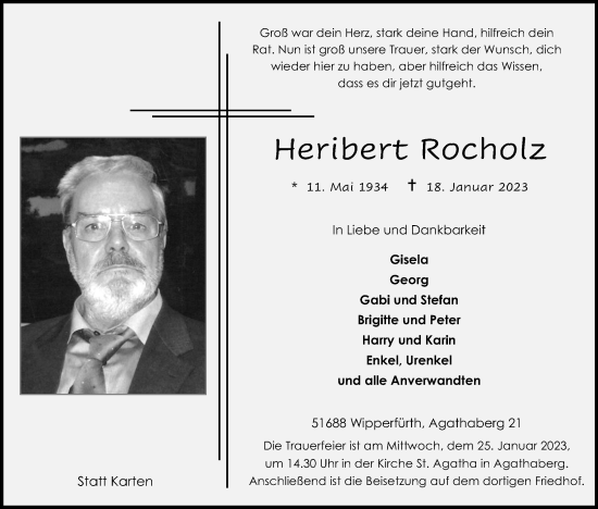 Anzeige von Heribert Rocholz von Kölner Stadt-Anzeiger / Kölnische Rundschau / Express