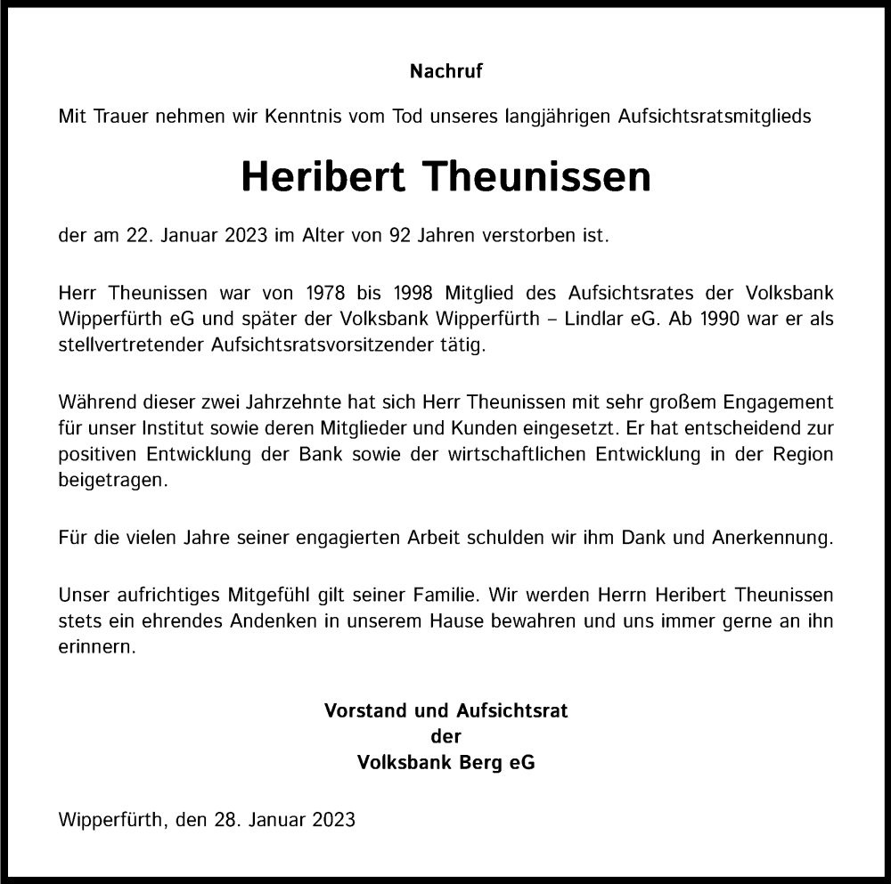  Traueranzeige für Heribert Theunissen vom 28.01.2023 aus Kölner Stadt-Anzeiger / Kölnische Rundschau / Express