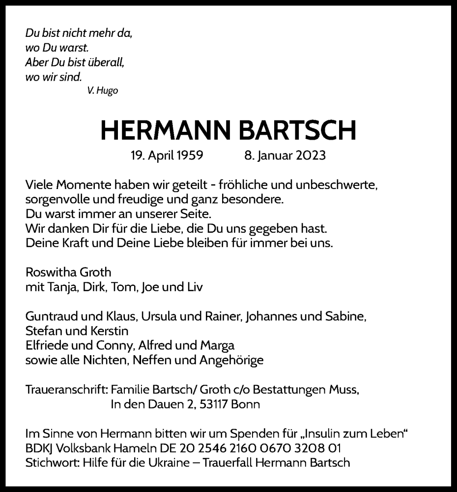  Traueranzeige für Hermann Bartsch vom 12.01.2023 aus Kölner Stadt-Anzeiger / Kölnische Rundschau / Express