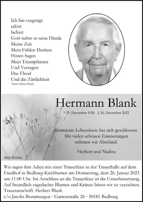 Anzeige von Hermann Blank von  Werbepost 