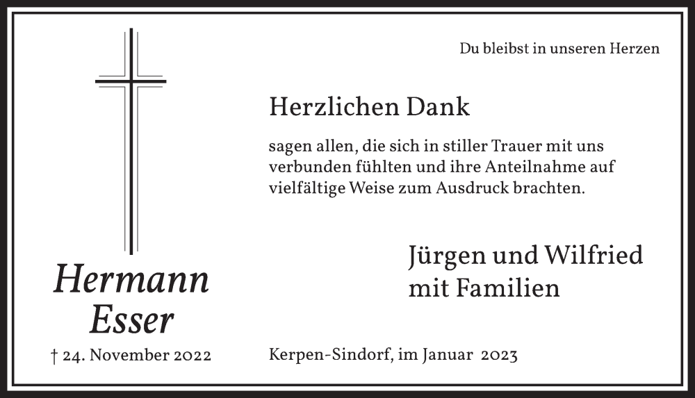  Traueranzeige für Hermann Esser vom 06.01.2023 aus  Werbepost 