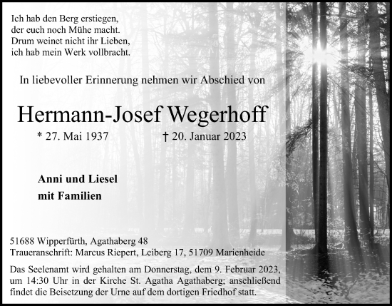 Anzeige von Hermann-Josef Wegerhoff von Kölner Stadt-Anzeiger / Kölnische Rundschau / Express