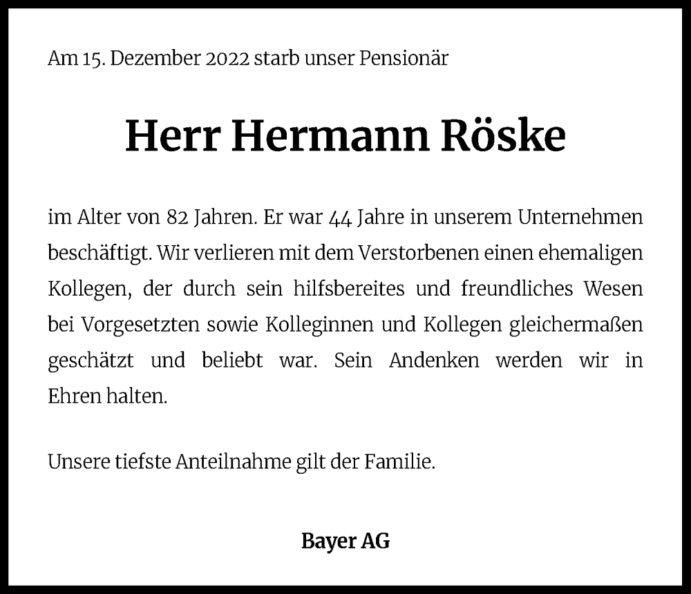 Traueranzeigen von Hermann Röske WirTrauern