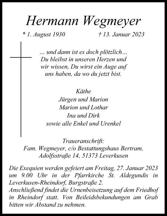 Anzeige von Hermann Wegmeyer von Kölner Stadt-Anzeiger / Kölnische Rundschau / Express