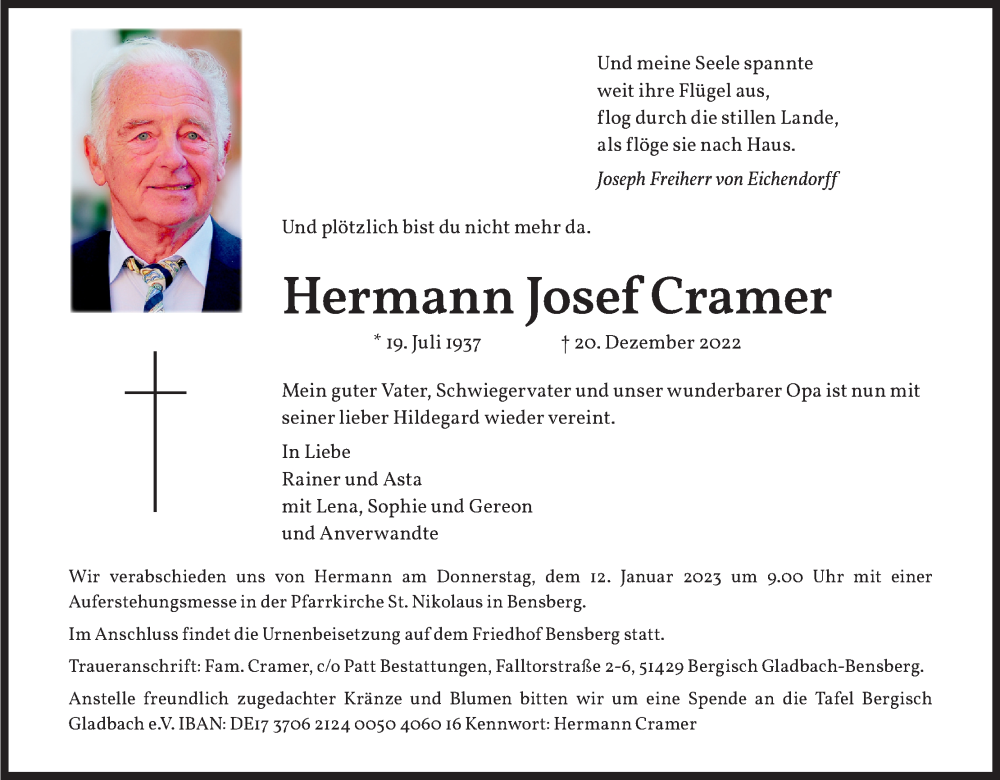  Traueranzeige für Hermann Josef Cramer vom 07.01.2023 aus Kölner Stadt-Anzeiger / Kölnische Rundschau / Express