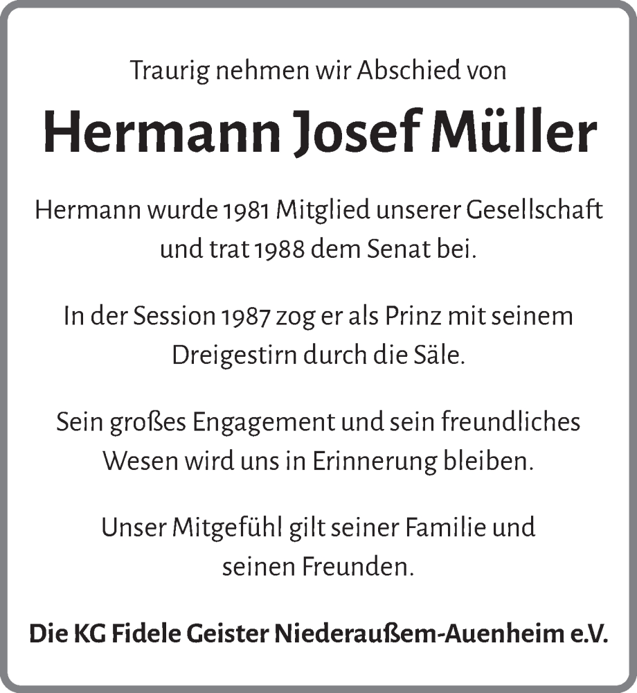  Traueranzeige für Hermann Josef Müller vom 20.01.2023 aus  Werbepost 
