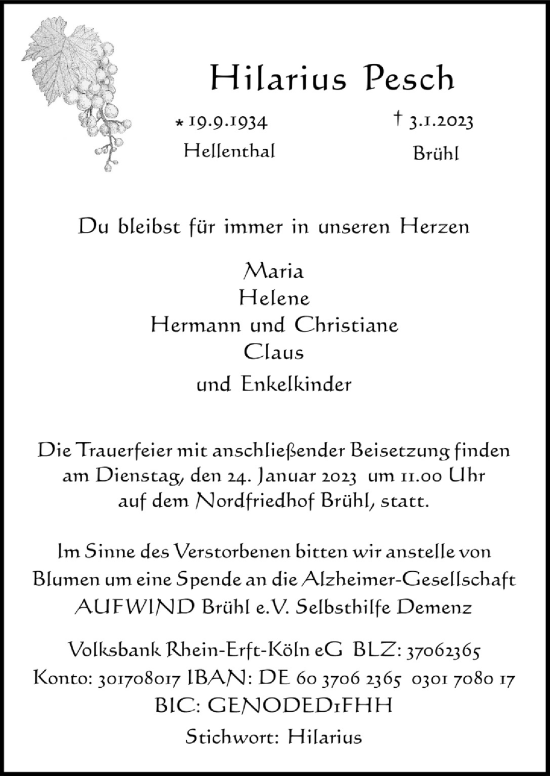 Anzeige von Hilarius Pesch von  Schlossbote/Werbekurier 