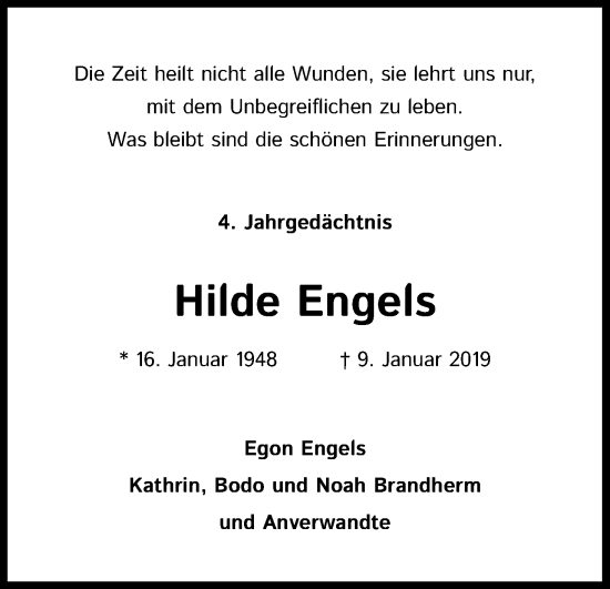 Anzeige von Hilde Engels von Kölner Stadt-Anzeiger / Kölnische Rundschau / Express