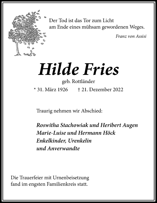 Anzeige von Hilde Fries von Kölner Stadt-Anzeiger / Kölnische Rundschau / Express