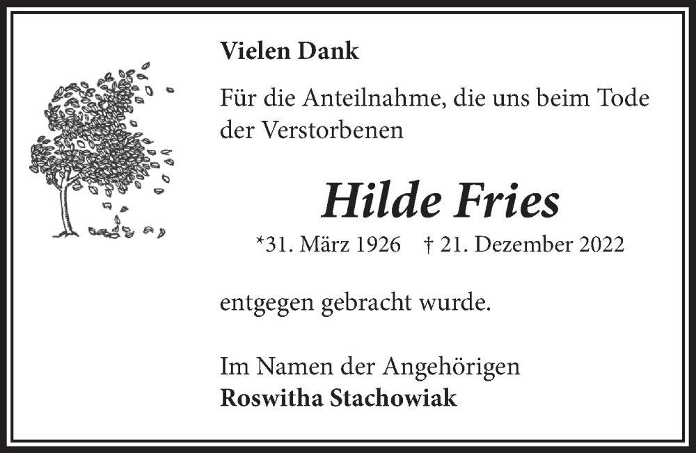  Traueranzeige für Hilde Fries vom 27.01.2023 aus  Anzeigen Echo 
