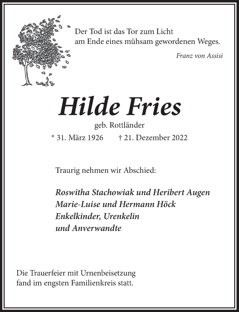  Traueranzeige für Hilde Fries vom 13.01.2023 aus  Anzeigen Echo 