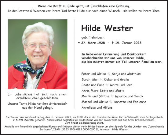 Anzeige von Hilde Wester von  Bergisches Handelsblatt 