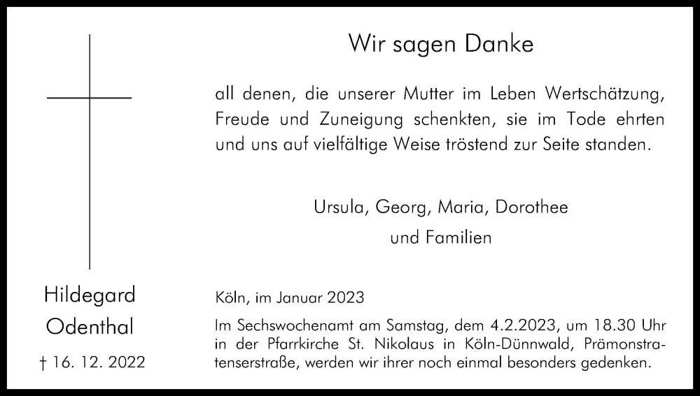  Traueranzeige für Hildegard Odenthal vom 14.01.2023 aus Kölner Stadt-Anzeiger / Kölnische Rundschau / Express