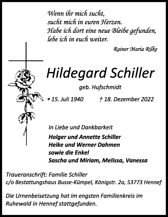 Anzeige von Hildegard Schiller von Kölner Stadt-Anzeiger / Kölnische Rundschau / Express