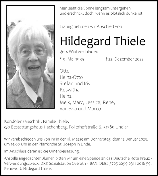 Anzeige von Hildegard Thiele von  Bergisches Handelsblatt 
