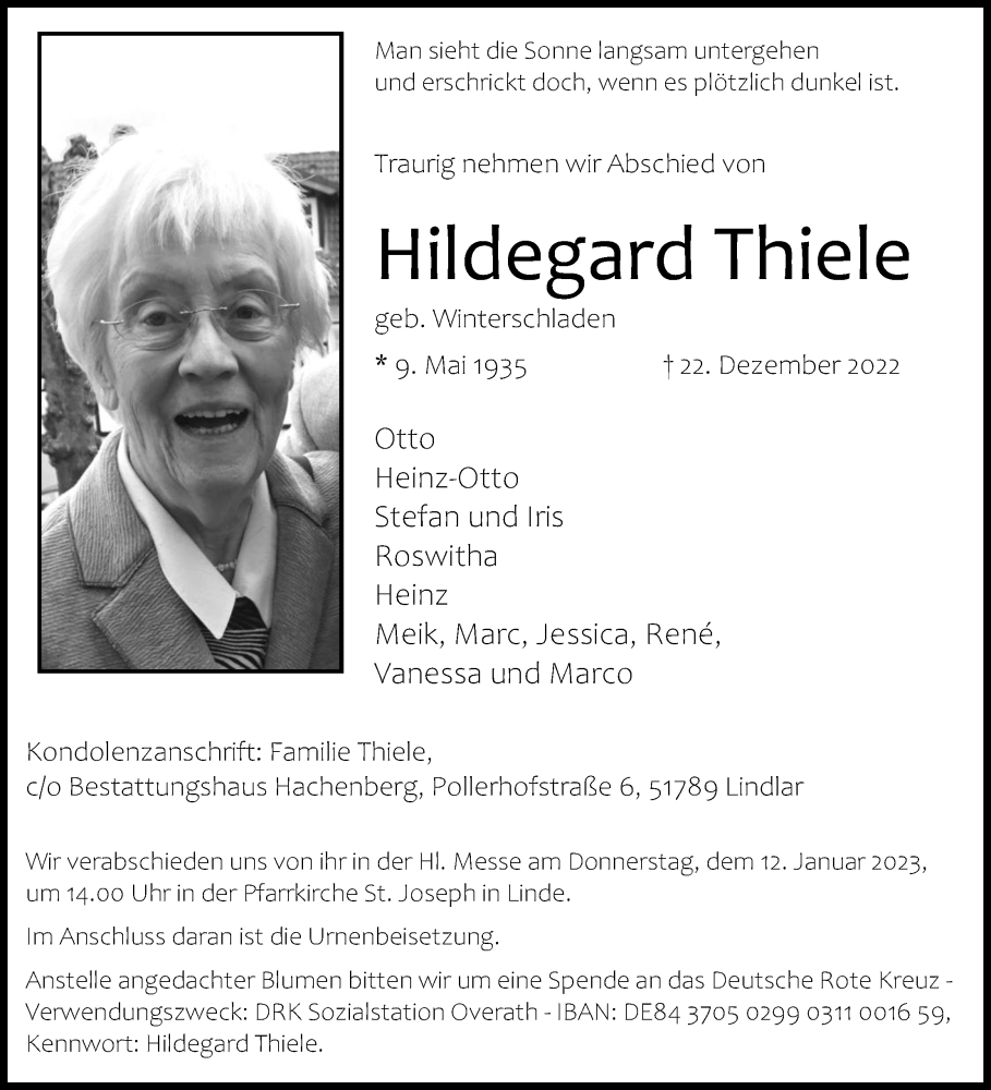  Traueranzeige für Hildegard Thiele vom 07.01.2023 aus Kölner Stadt-Anzeiger / Kölnische Rundschau / Express