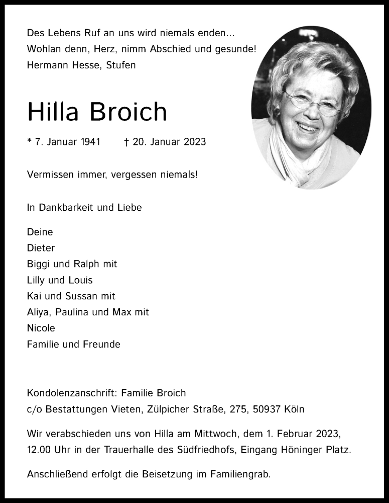  Traueranzeige für Hilla Broich vom 28.01.2023 aus Kölner Stadt-Anzeiger / Kölnische Rundschau / Express