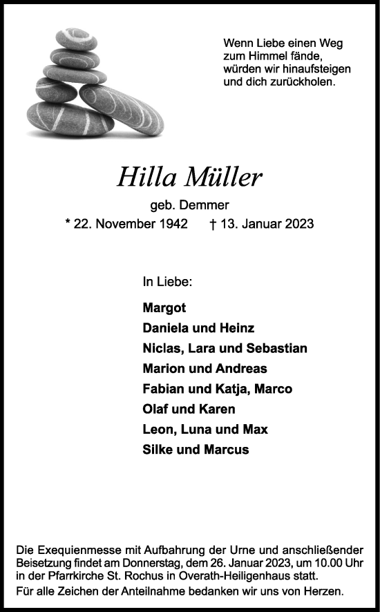 Anzeige von Hilla Müller von Kölner Stadt-Anzeiger / Kölnische Rundschau / Express