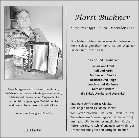 Anzeige von Horst Büchner von Kölner Stadt-Anzeiger / Kölnische Rundschau / Express