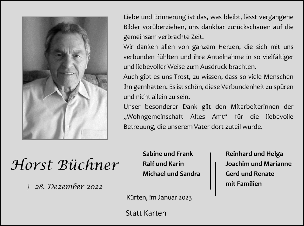  Traueranzeige für Horst Büchner vom 21.01.2023 aus Kölner Stadt-Anzeiger / Kölnische Rundschau / Express