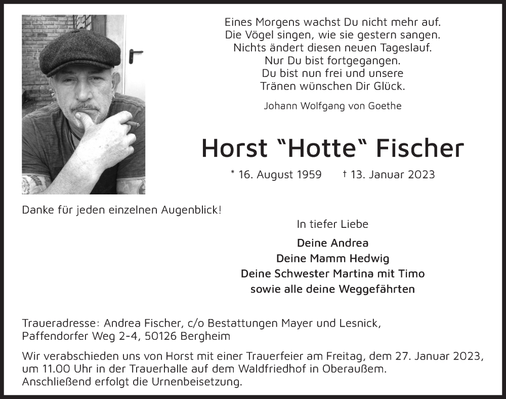  Traueranzeige für Horst Fischer vom 20.01.2023 aus  Werbepost 