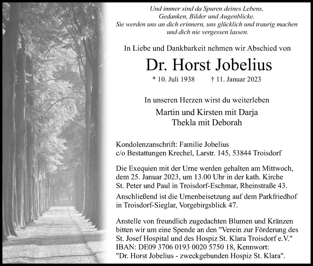  Traueranzeige für Horst Jobelius vom 21.01.2023 aus Kölner Stadt-Anzeiger / Kölnische Rundschau / Express