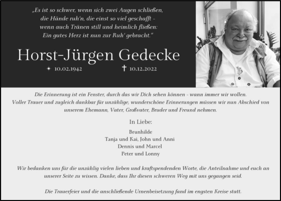 Anzeige von Horst-Jürgen Gedecke von  Bergisches Handelsblatt 