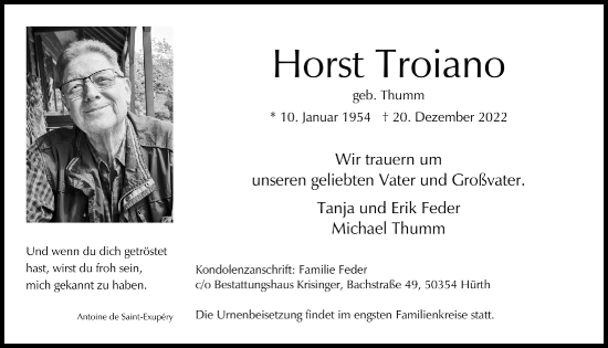 Anzeige von Horst Troiano von  Wochenende 
