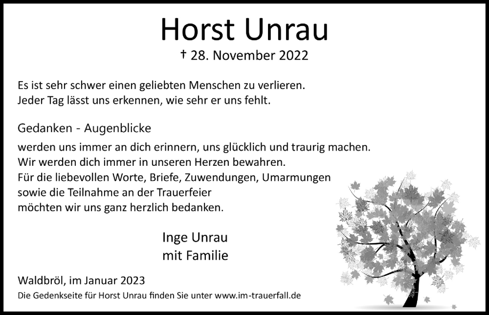  Traueranzeige für Horst Unrau vom 27.01.2023 aus  Lokalanzeiger 