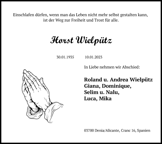 Anzeige von Horst Wielpütz von Kölner Stadt-Anzeiger / Kölnische Rundschau / Express