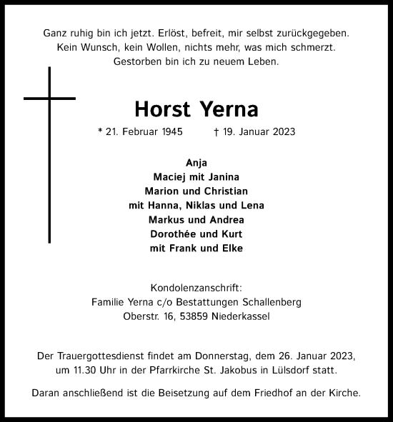 Anzeige von Horst Yerna von Kölner Stadt-Anzeiger / Kölnische Rundschau / Express