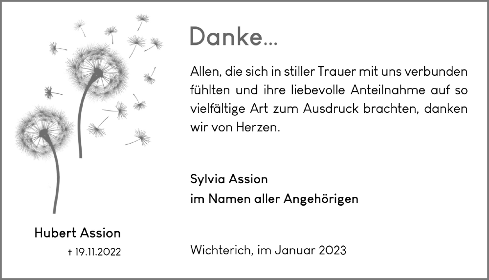 Traueranzeige für Hubert Assion vom 07.01.2023 aus  Blickpunkt Euskirchen 