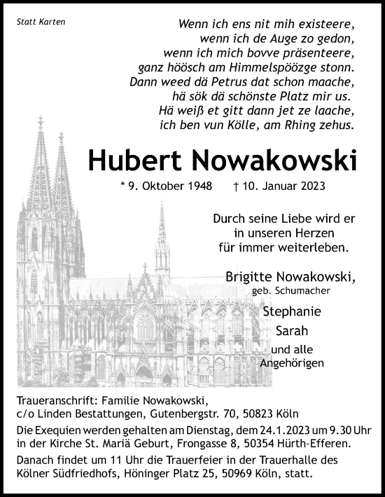 Anzeige von Hubert Nowakowski von Kölner Stadt-Anzeiger / Kölnische Rundschau / Express
