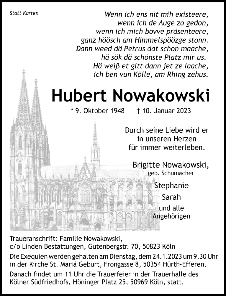  Traueranzeige für Hubert Nowakowski vom 20.01.2023 aus  Wochenende 