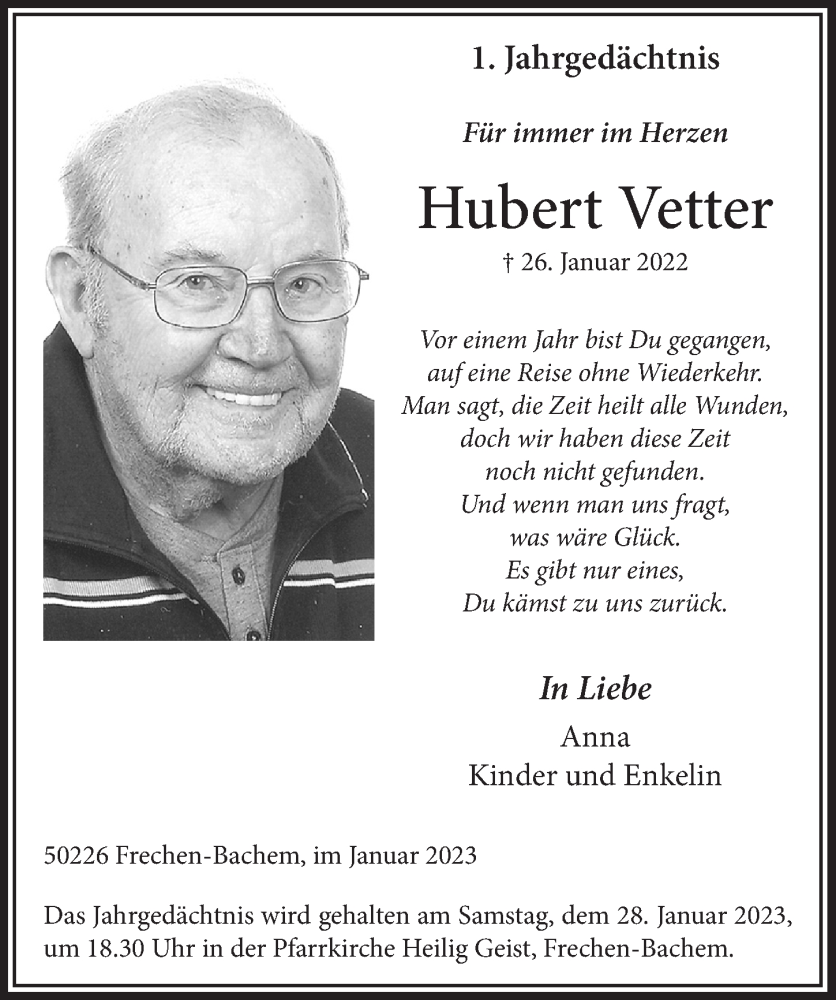  Traueranzeige für Hubert Vetter vom 20.01.2023 aus  Wochenende 