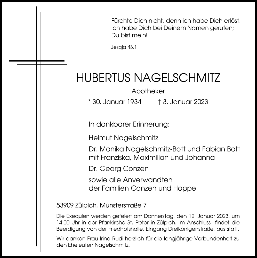  Traueranzeige für Hubertus Nagelschmitz vom 07.01.2023 aus  Blickpunkt Euskirchen 