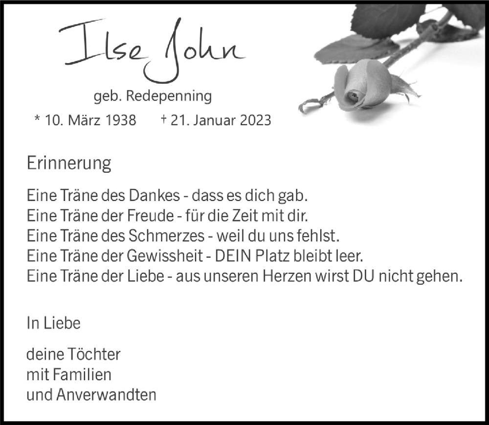 Traueranzeige für Ilse John vom 27.01.2023 aus  Bergisches Handelsblatt 