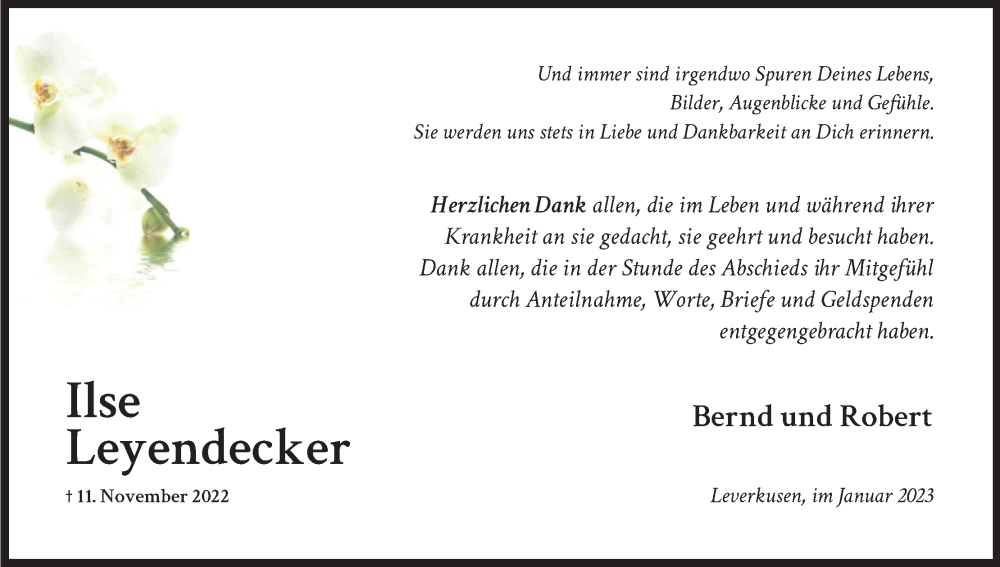  Traueranzeige für Ilse Leyendecker vom 14.01.2023 aus Kölner Stadt-Anzeiger / Kölnische Rundschau / Express