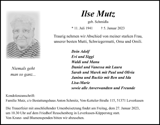 Anzeige von Ilse Mutz von Kölner Stadt-Anzeiger / Kölnische Rundschau / Express