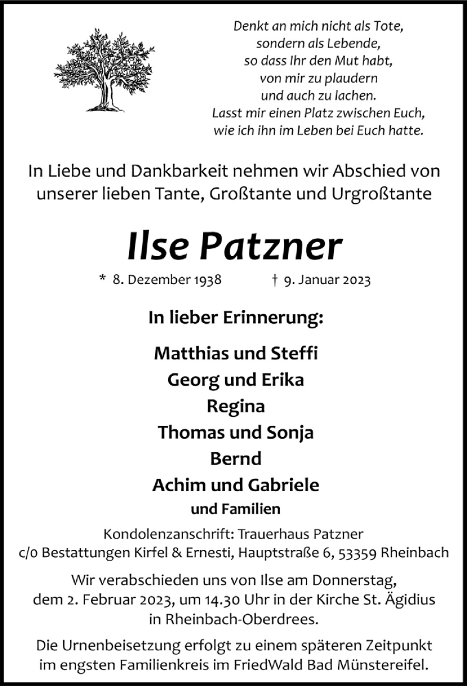  Traueranzeige für Ilse Patzner vom 20.01.2023 aus  Schaufenster/Blickpunkt 