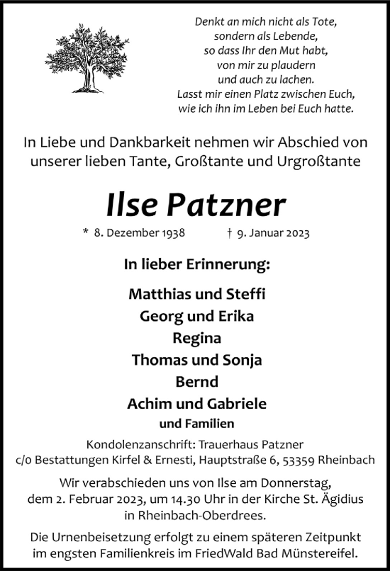 Anzeige von Ilse Patzner von  Schaufenster/Blickpunkt 