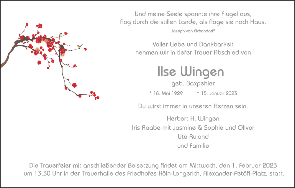  Traueranzeige für Ilse Wingen vom 21.01.2023 aus Kölner Stadt-Anzeiger / Kölnische Rundschau / Express