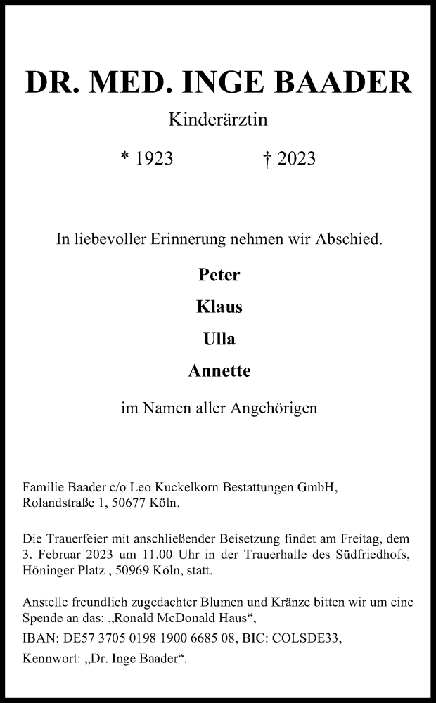  Traueranzeige für Inge Baader vom 21.01.2023 aus Kölner Stadt-Anzeiger / Kölnische Rundschau / Express