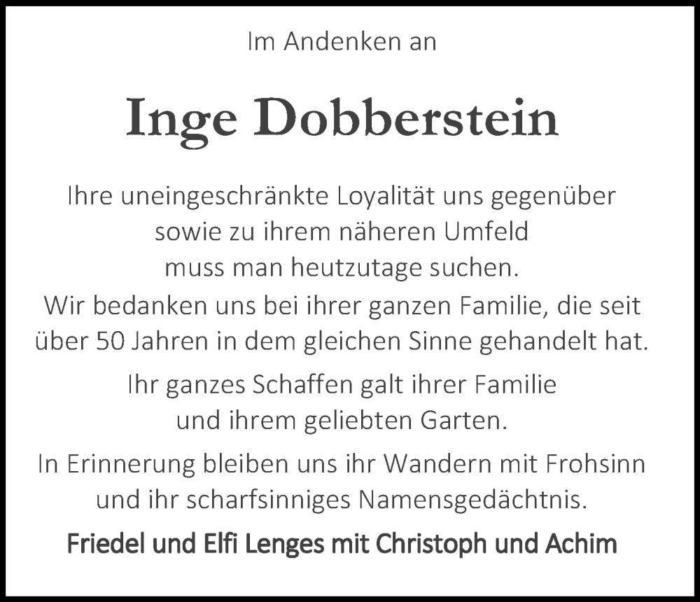  Traueranzeige für Inge Dobberstein vom 07.01.2023 aus Kölner Stadt-Anzeiger / Kölnische Rundschau / Express