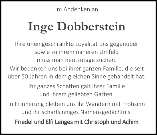 Anzeige von Inge Dobberstein von Kölner Stadt-Anzeiger / Kölnische Rundschau / Express