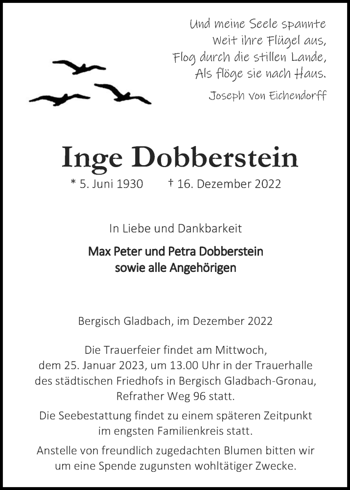  Traueranzeige für Inge Dobberstein vom 07.01.2023 aus Kölner Stadt-Anzeiger / Kölnische Rundschau / Express